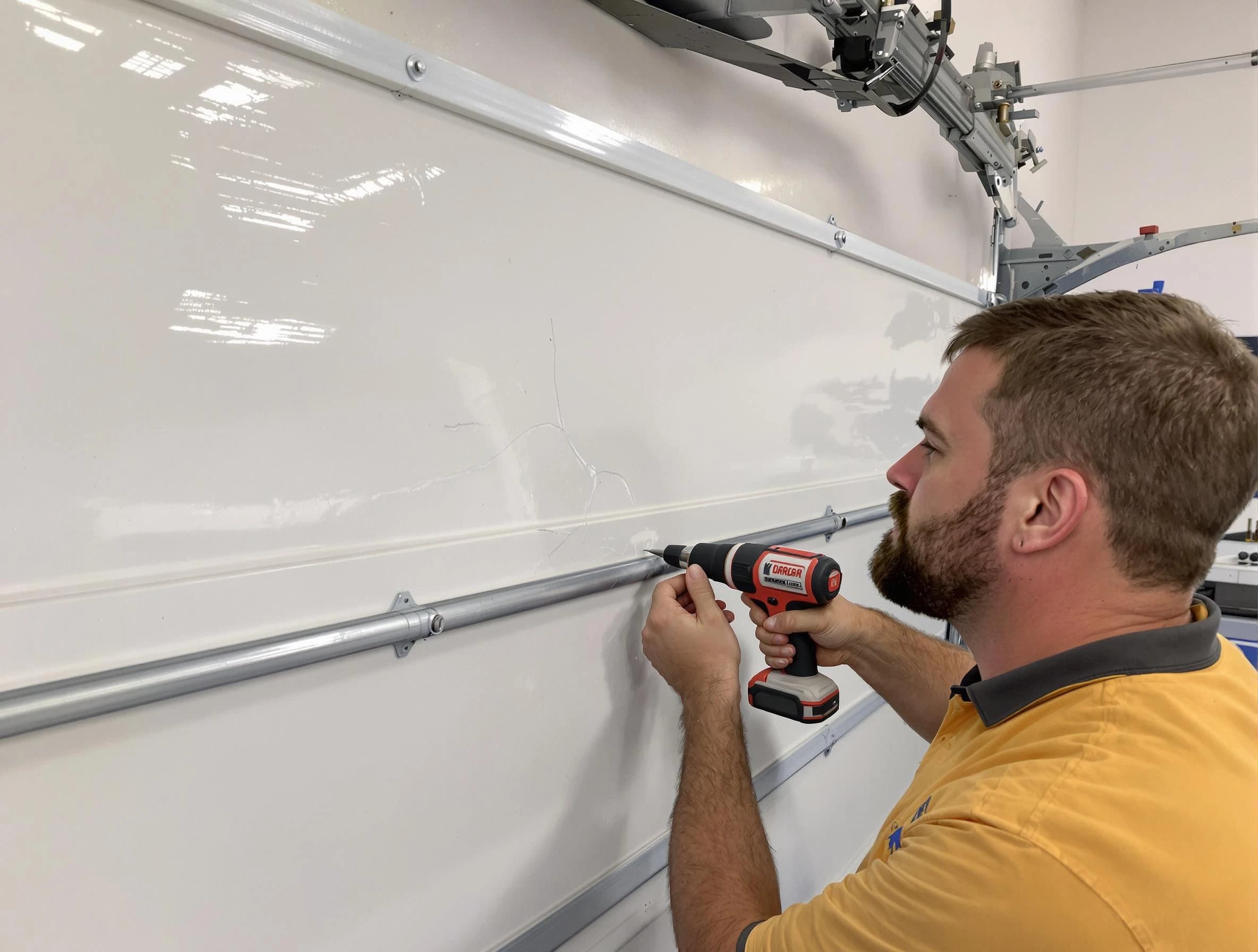 Needham Garage Door Repair expert performing dent repair on garage door in Needham