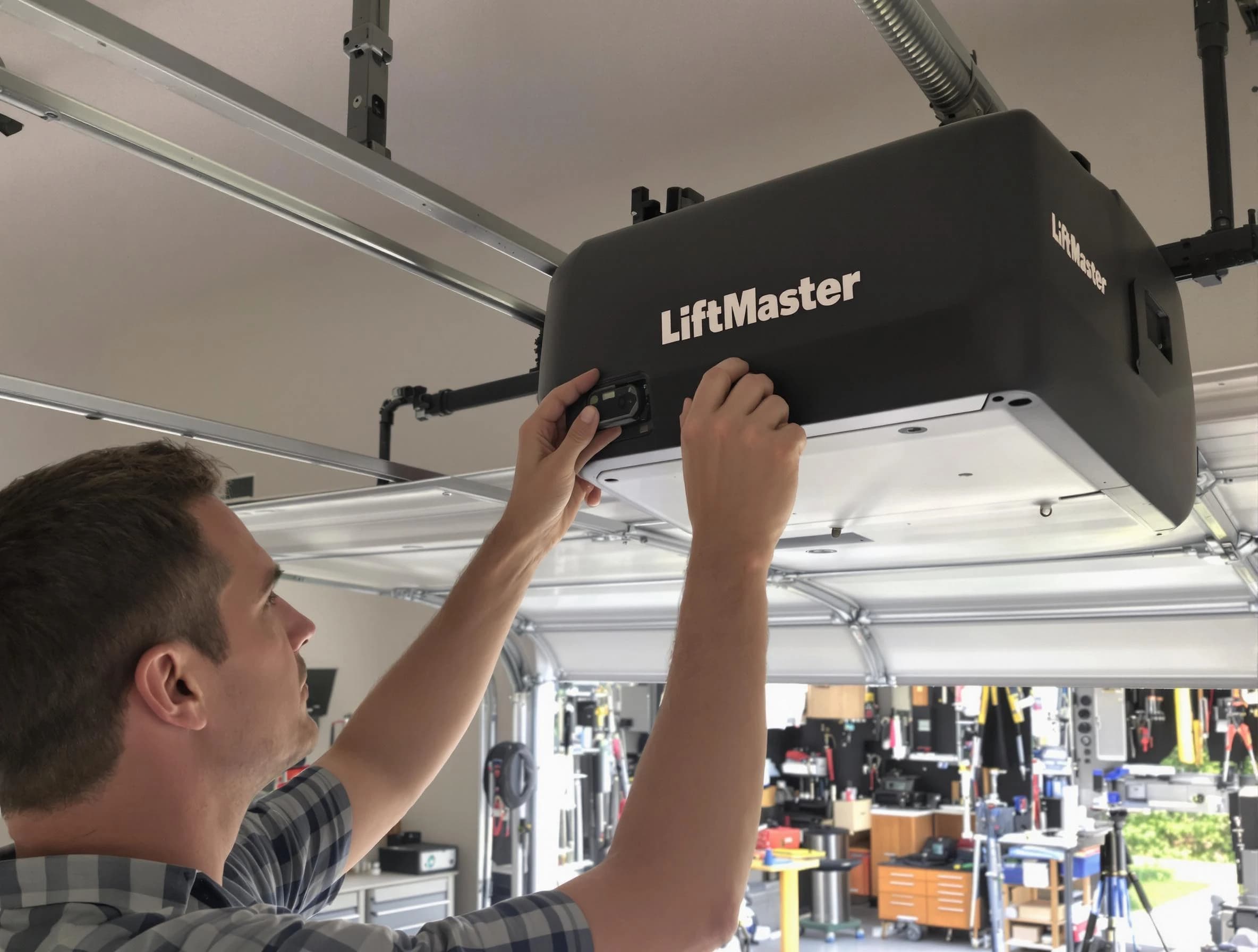 Needham Garage Door Repair technician repairing garage door opener in Needham