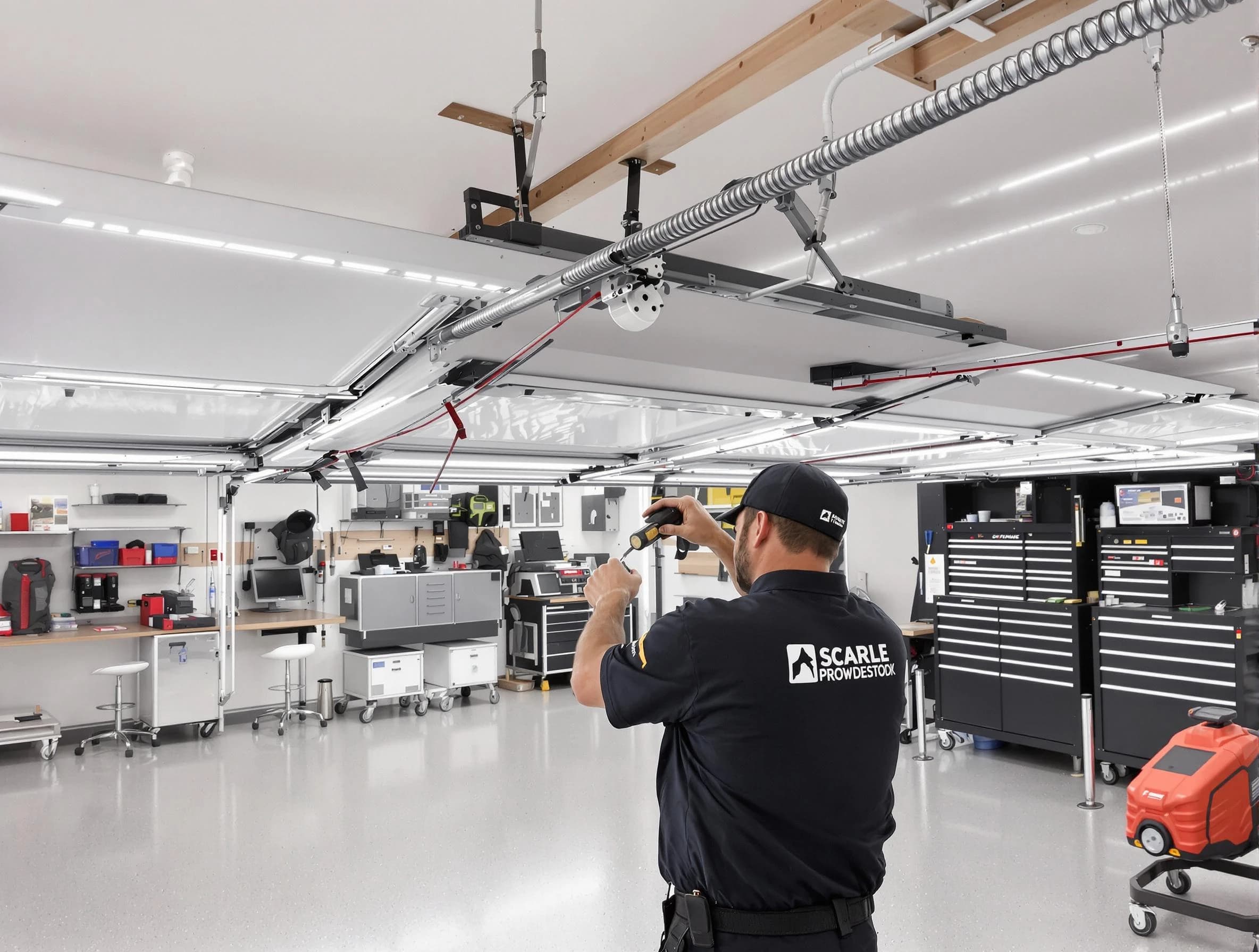 Needham Garage Door Repair technician repairing overhead garage door in Needham