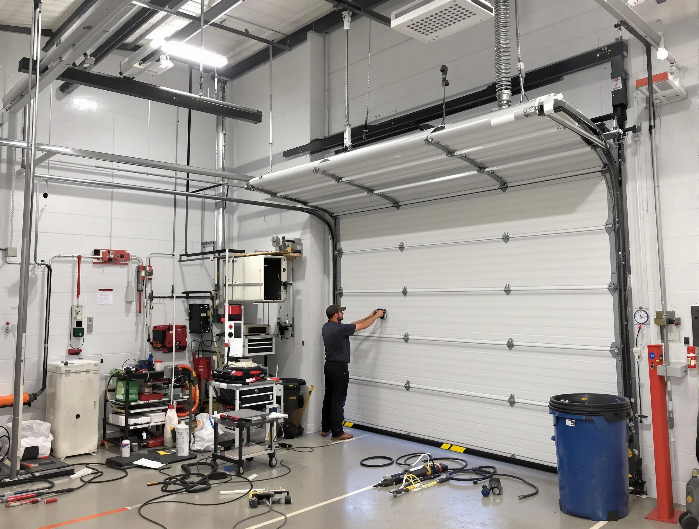 Needham Garage Door Repair certified technician performing commercial door repair at a Needham business facility
