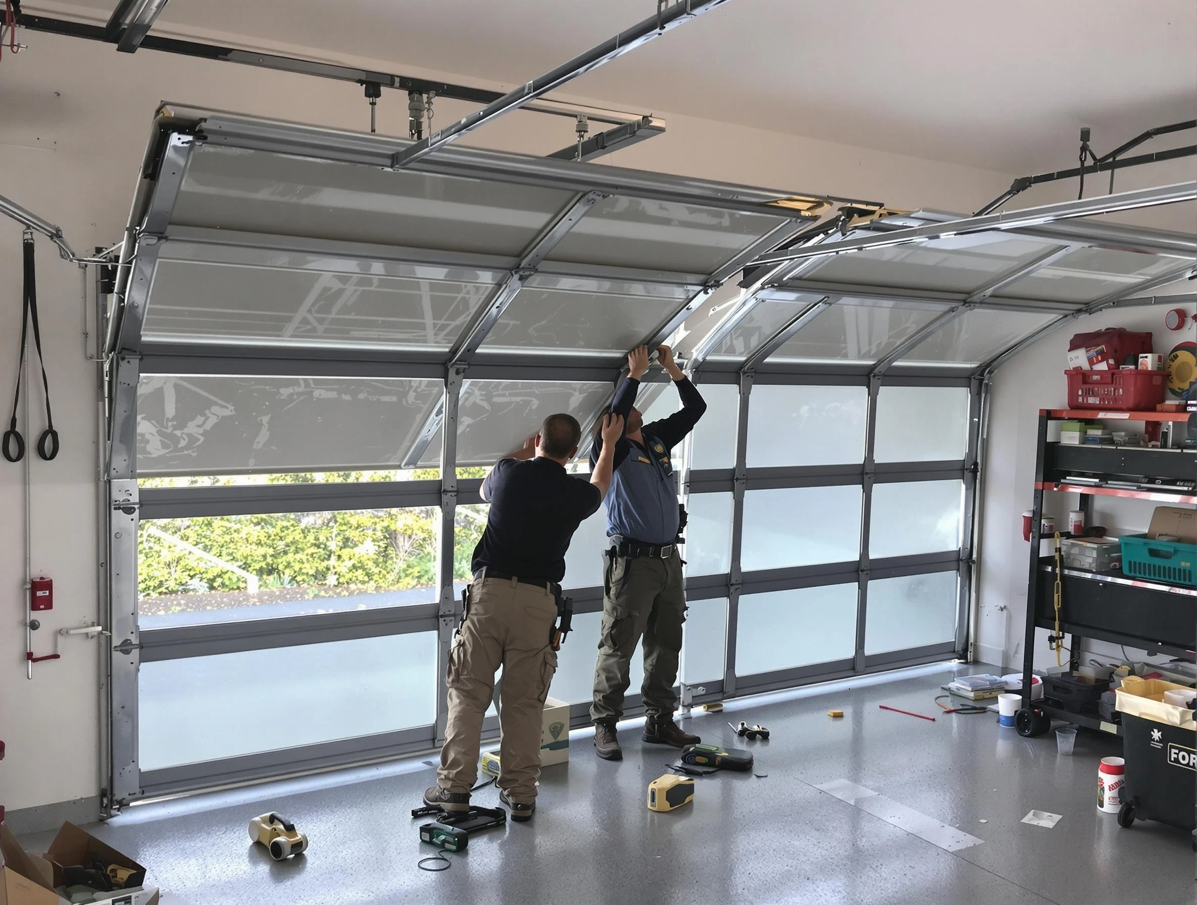 Needham Garage Door Repair expert performing precise panel replacement on Needham garage door