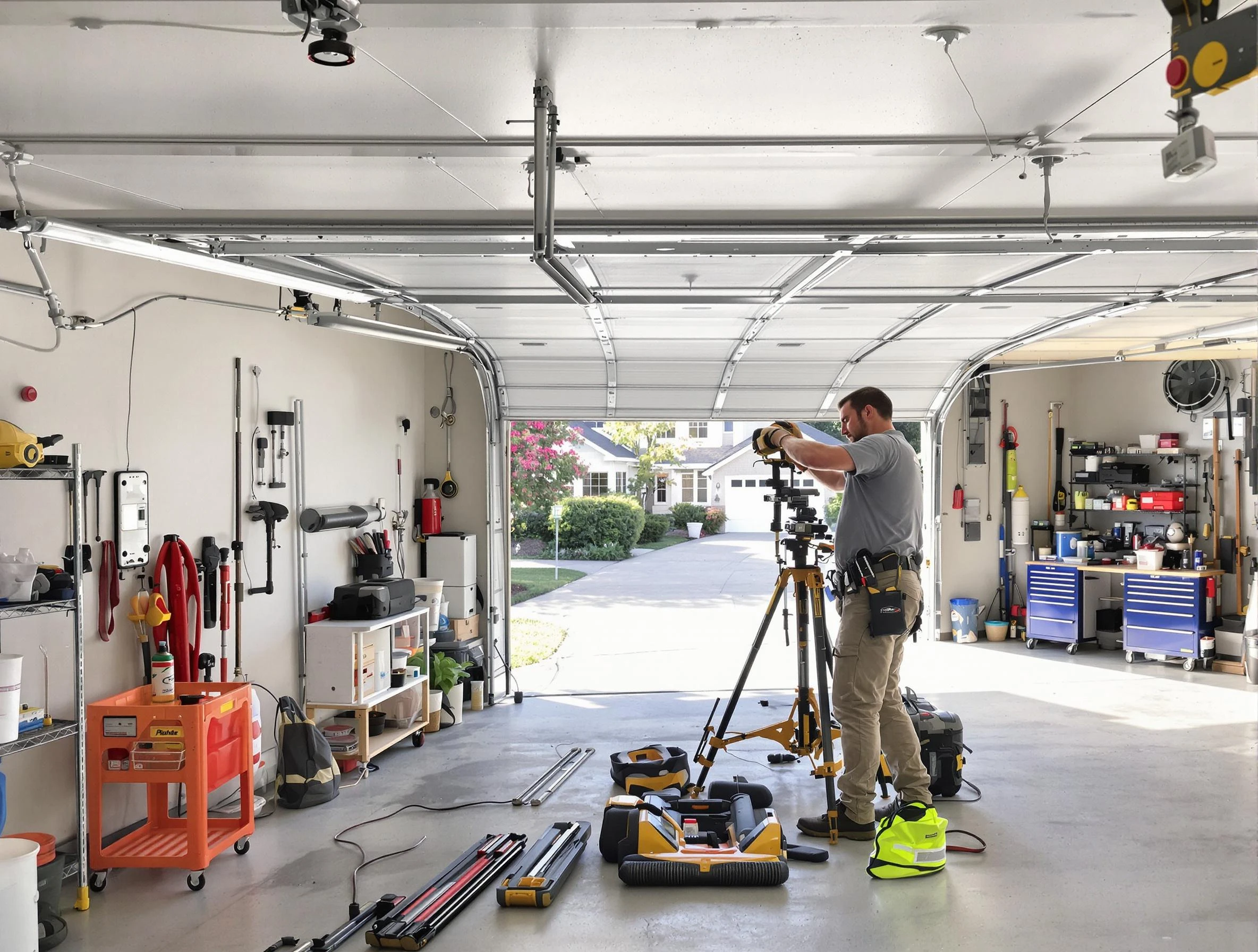 Needham Garage Door Repair specialist performing laser-guided track alignment in Needham